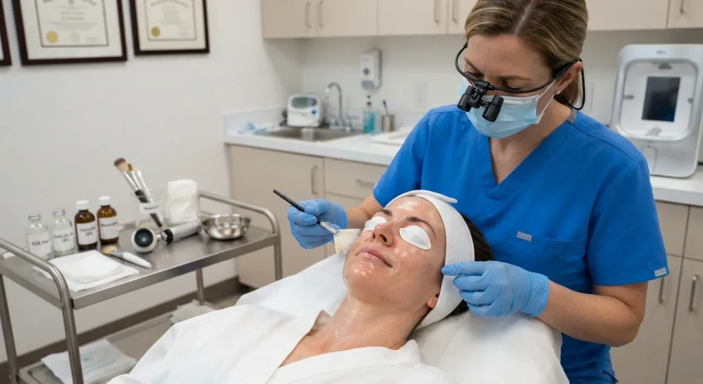 Person receiving professional chemical peel treatment for pigmentation