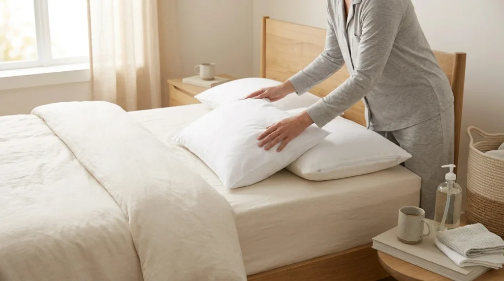 Fresh pillowcase and clean pillow being maintained according to care instructions