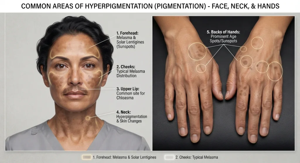 Educational composite showing common pigmentation locations on face, neck, and hands
