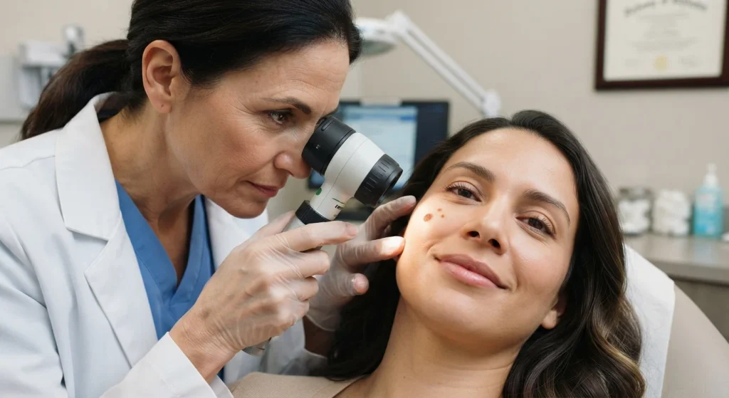 Dermatologist examining a patient's skin pigmentation using a dermatoscope