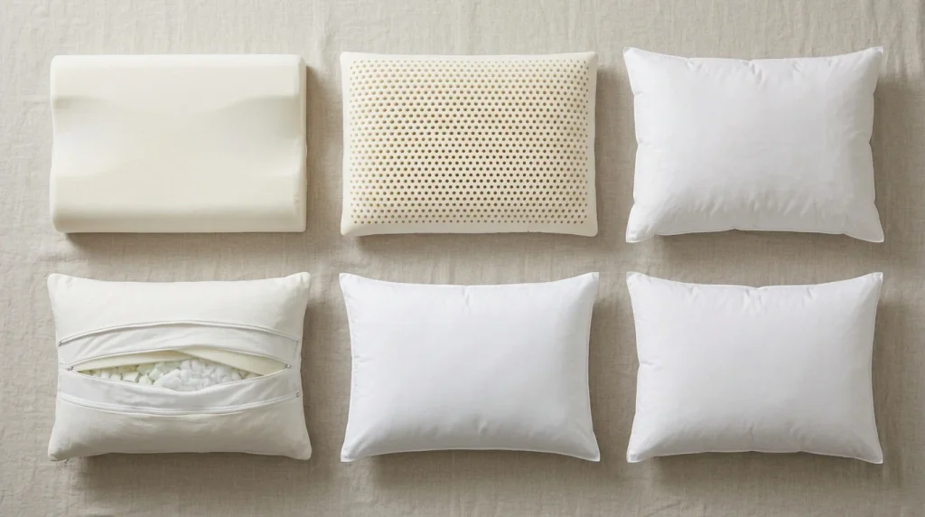 Different pillow materials including memory foam, latex, feather, polyester fiber, and adjustable fill