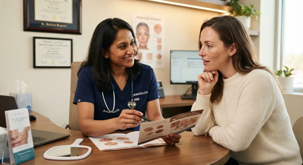 Healthcare professional answering patient questions about skin pigmentation