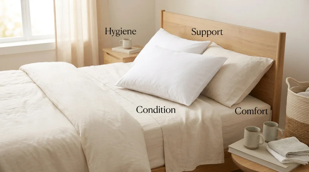 Pillow evaluation based on condition, support, comfort, and hygiene
