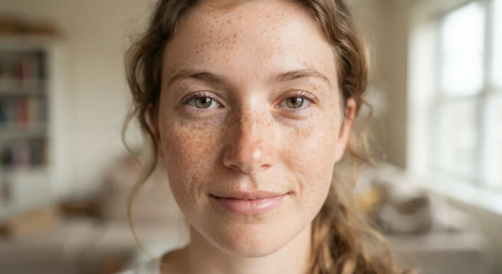 Close-up of freckles on nose and cheeks showing small pigmented spots