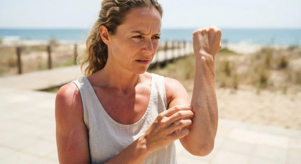 Person in sunlight appearing concerned about unprotected skin and pigmentation