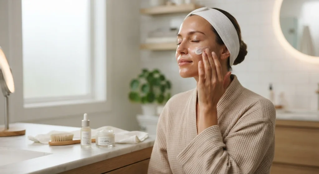Person performing gentle skincare routine for pigmentation management at home
