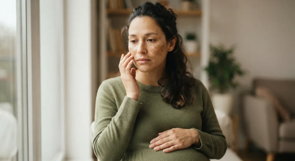 Pregnant woman with melasma patches on cheek illustrating hormonal pigmentation