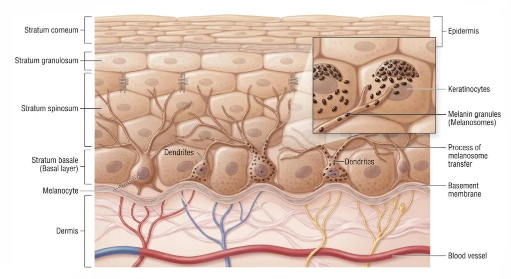 Educational medical illustration showing melanocyte cells producing melanin in skin layers