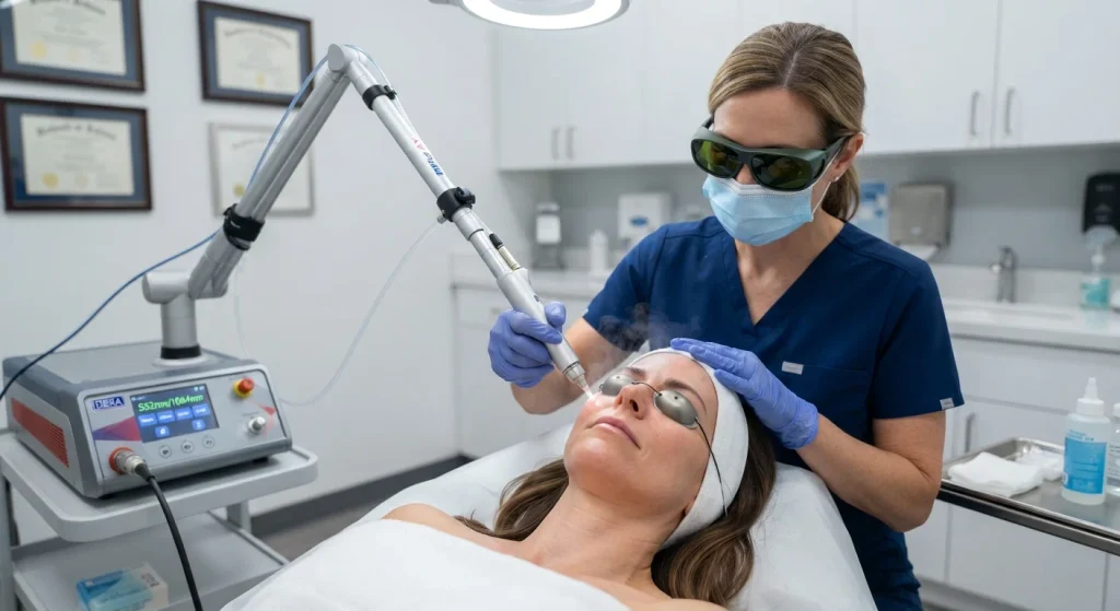 Medical professional performing laser treatment for skin pigmentation