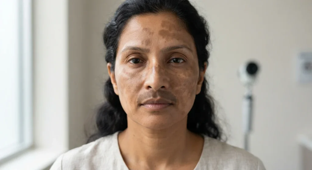 Person showing melasma pigmentation on cheeks, forehead, and upper lip area