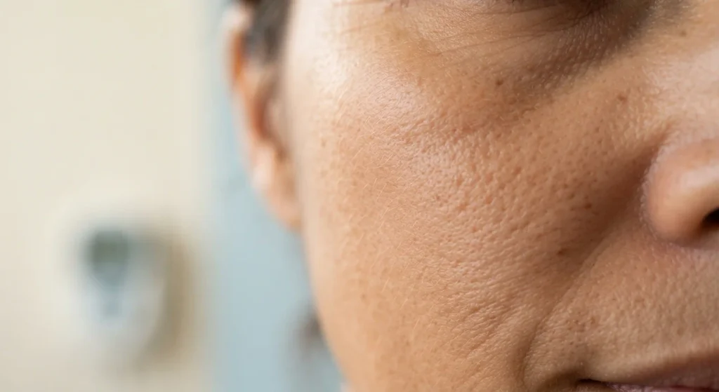 Macro close-up of human skin showing natural melanin pigmentation and skin texture