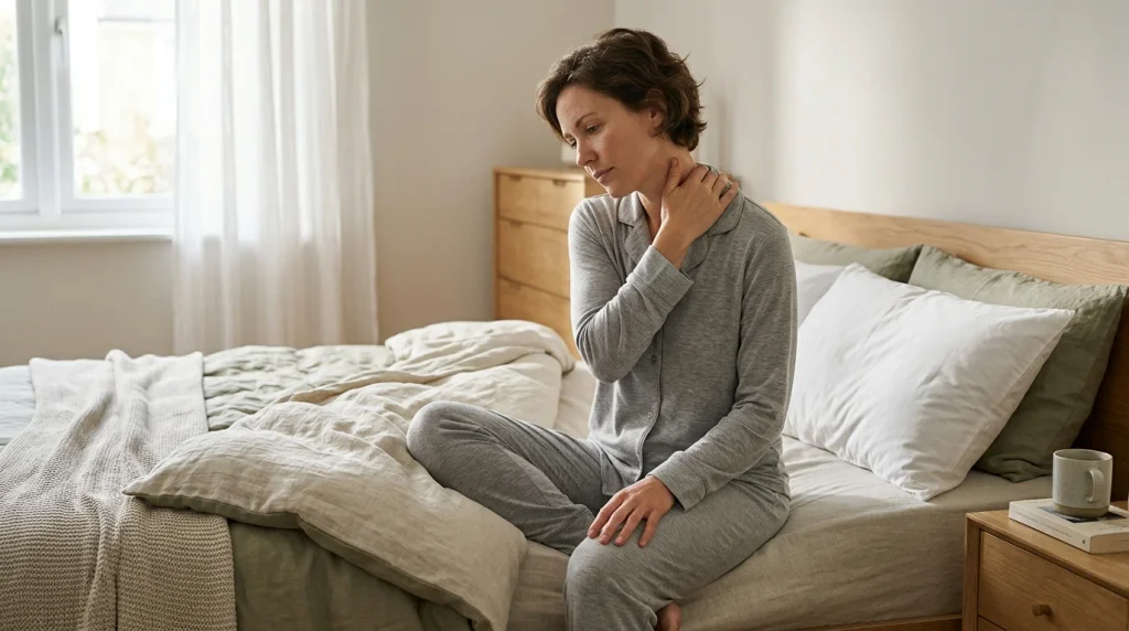 Person waking with neck discomfort after sleeping on an unsuitable pillow.
Pillow Affecting Sleep