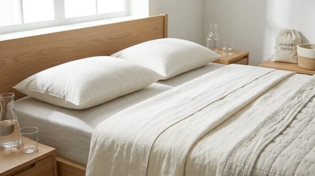 Clean pillow with fresh bedding in a well-maintained bedroom