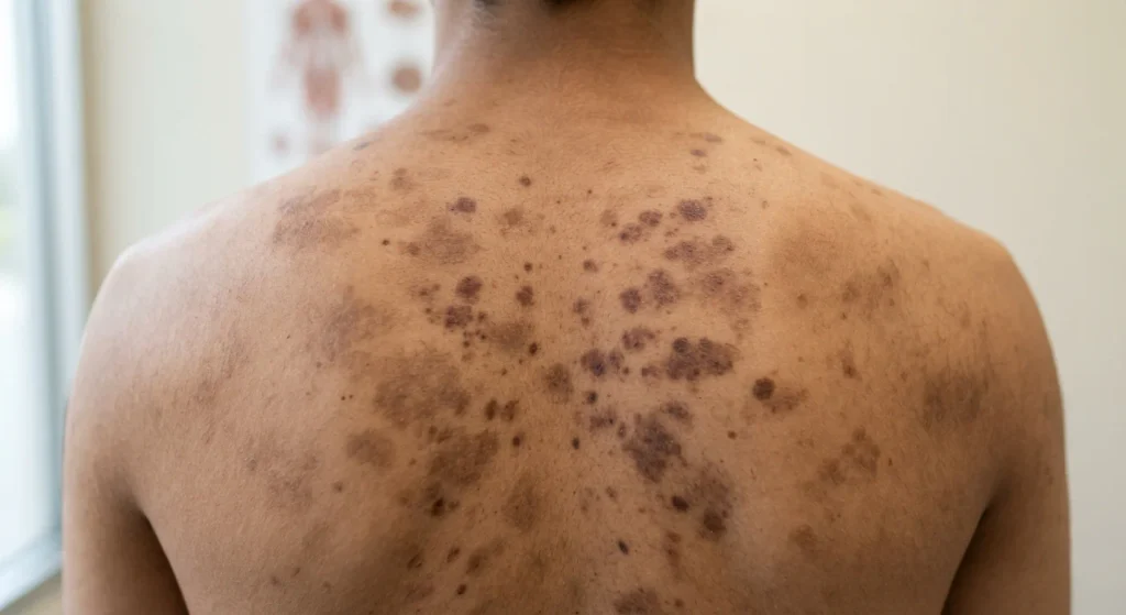 Skin showing post-inflammatory hyperpigmentation marks remaining after acne inflammation