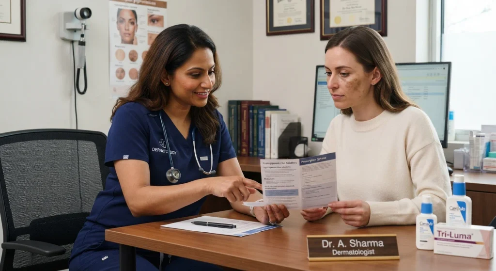 Dermatologist discussing prescription pigmentation treatments with patient