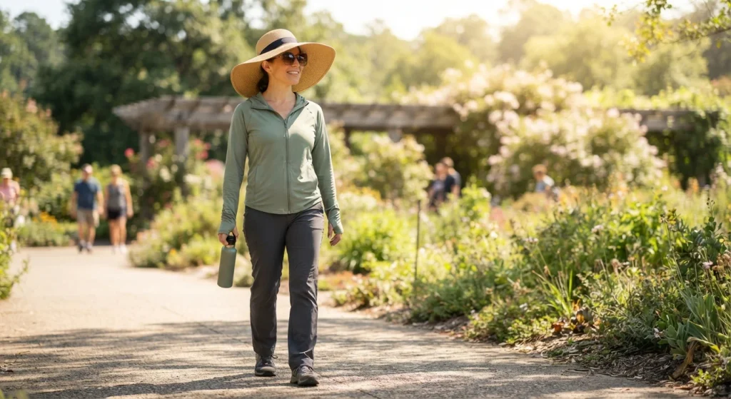 Person wearing wide-brimmed hat and protective clothing for sun protection