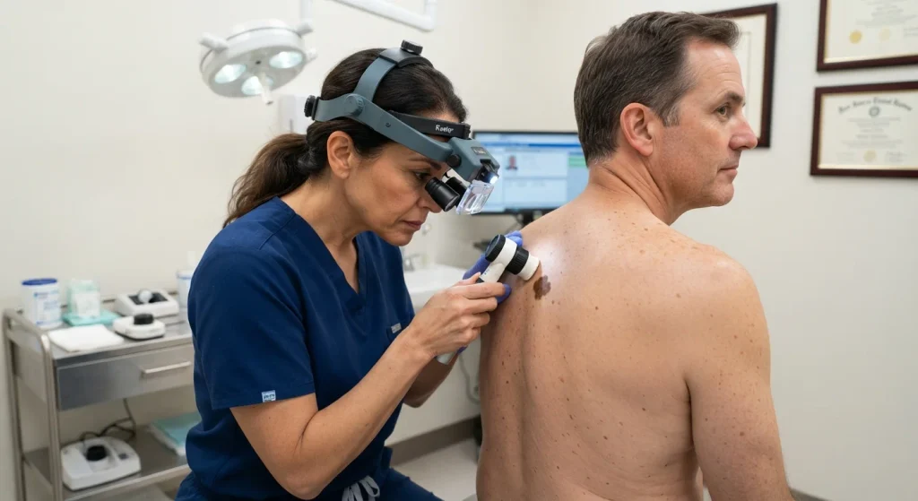 Dermatologist examining a pigmented lesion on patient's back