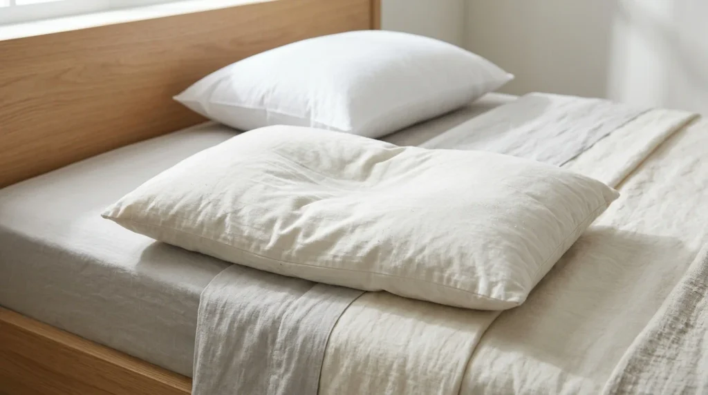 Flat and misshapen pillow showing uneven filling and loss of shape