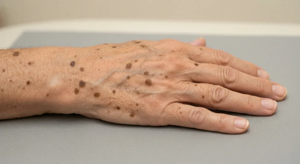 Back of hand showing multiple solar lentigines or age spots from sun exposure