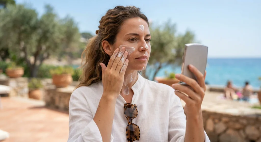 Person applying broad-spectrum sunscreen to protect against pigmentation