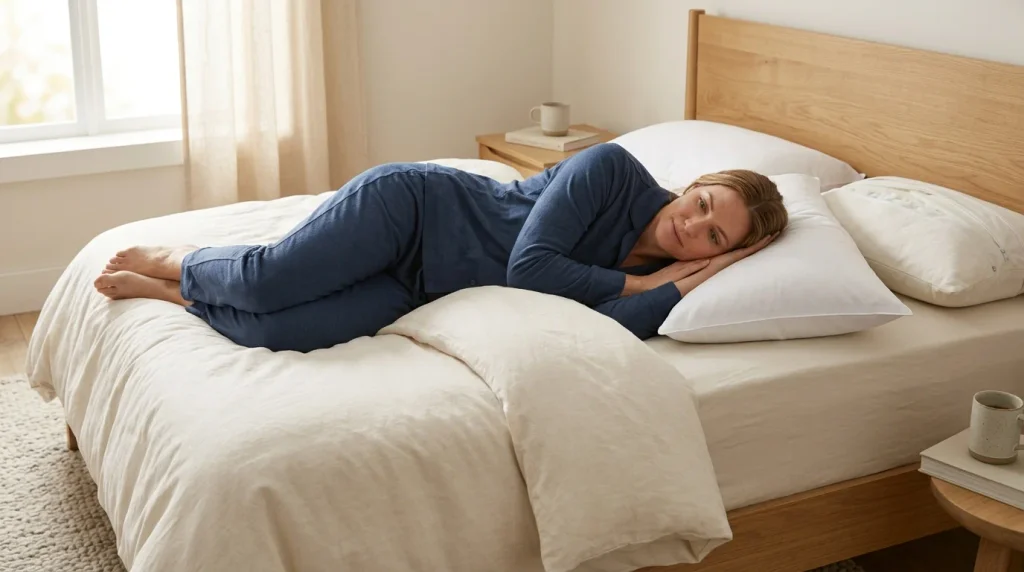 Person lying in a normal sleeping position while testing pillow comfort and support