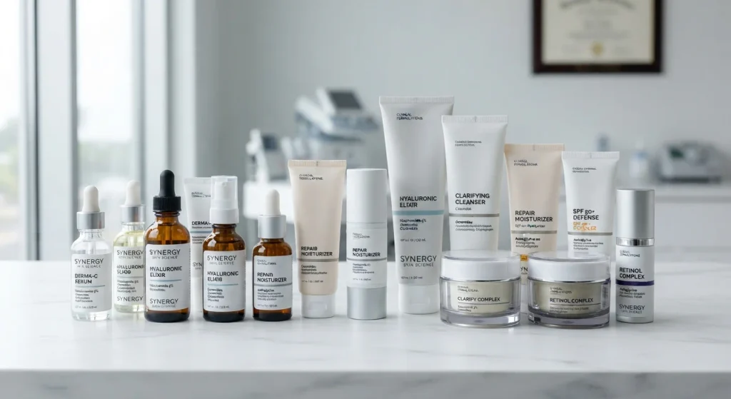 Dermatological skincare products for pigmentation treatment on white surface