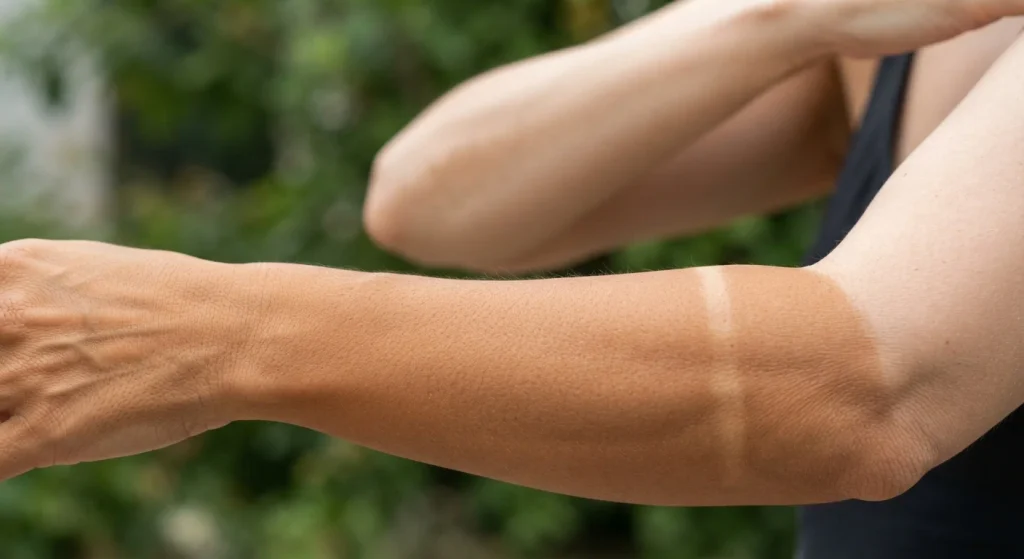 Human arm showing tan lines demonstrating UV radiation effects on melanin production