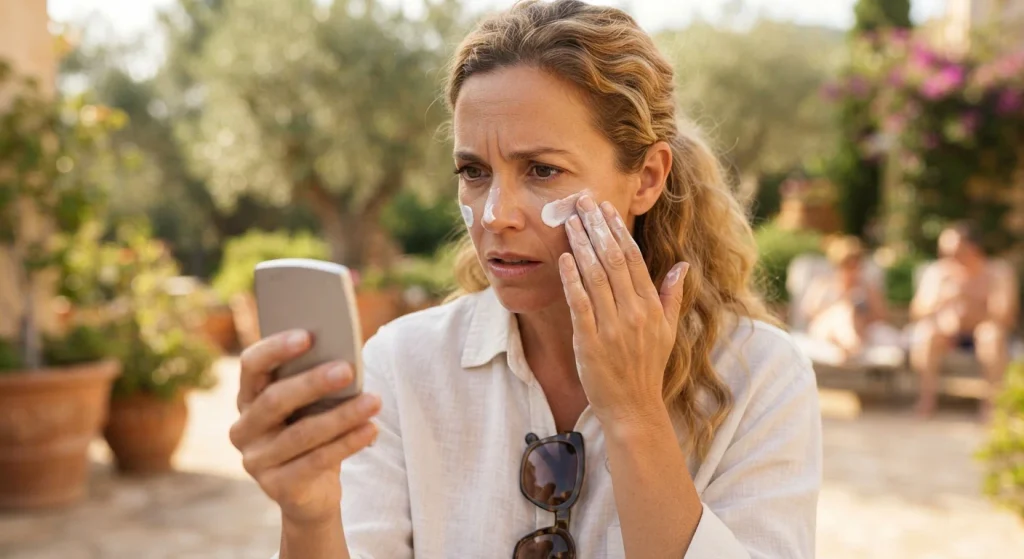 Person applying sunscreen to face for protection against UV-induced pigmentation
