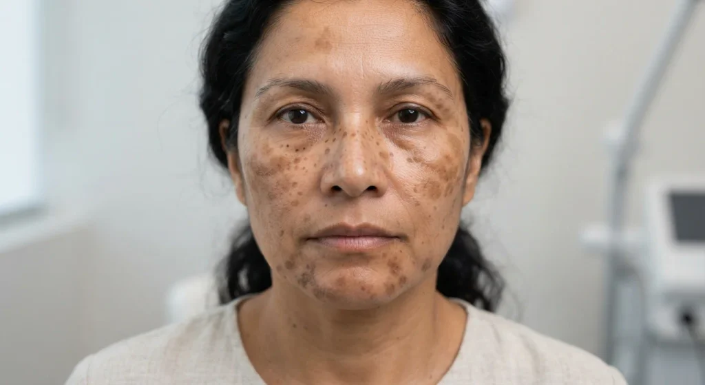 Close-up of facial skin showing various hyperpigmentation spots and uneven skin tone