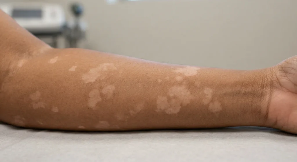 Close-up of skin showing hypopigmentation with lighter patches compared to surrounding skin