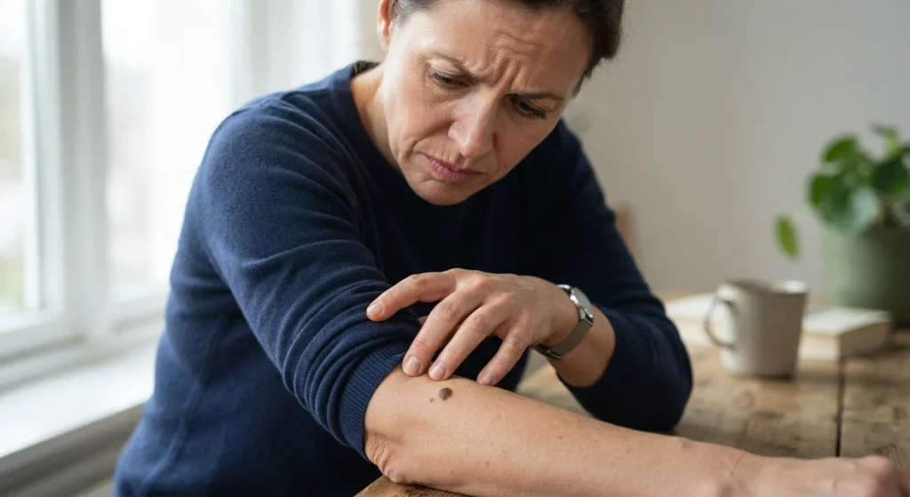 Person examining a suspicious pigmented spot on their arm