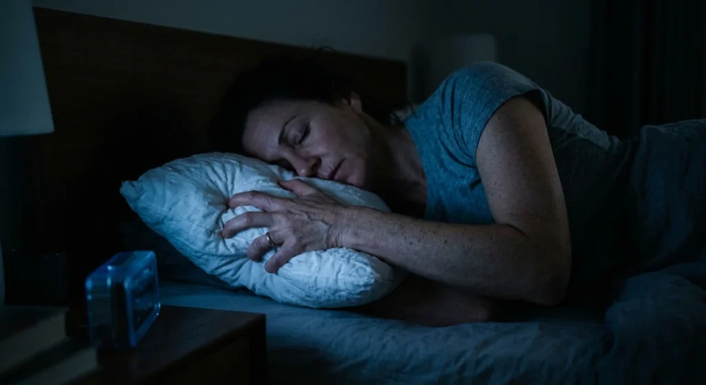 Person adjusting their flat and uncomfortable pillow during the night.