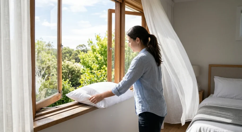Person placing a pillow on a windowsill to air out in the sun.