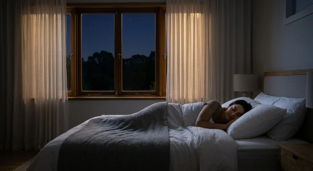 A person sleeping peacefully on a comfortable bed with a supportive pillow.