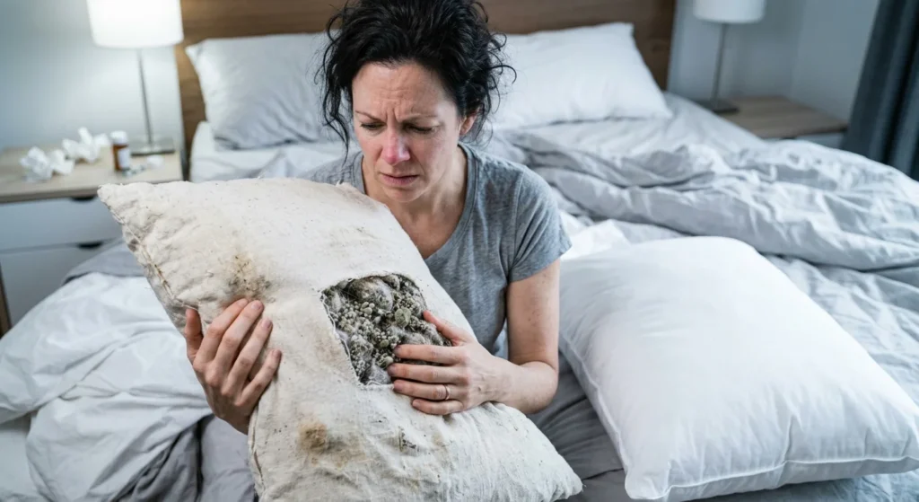 A person holding a lumpy, misshapen old pillow that has lost its support.