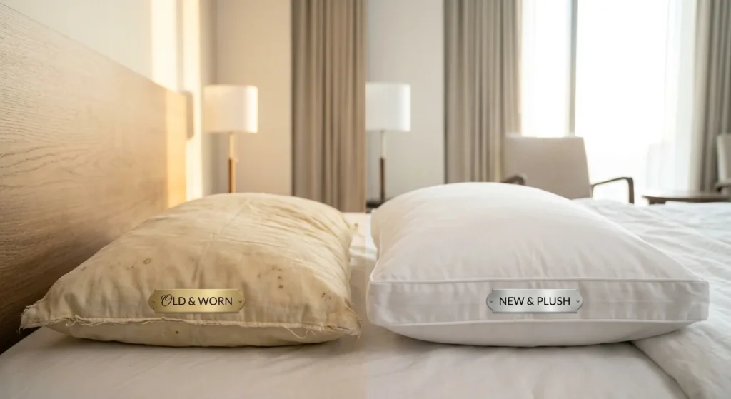 Side-by-side comparison of an old, flat, yellowed pillow and a new, white, plush pillow.