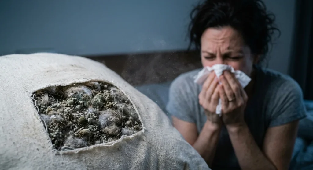 Close up of a pillow with allergens and dust mites, next to a person sneezing.