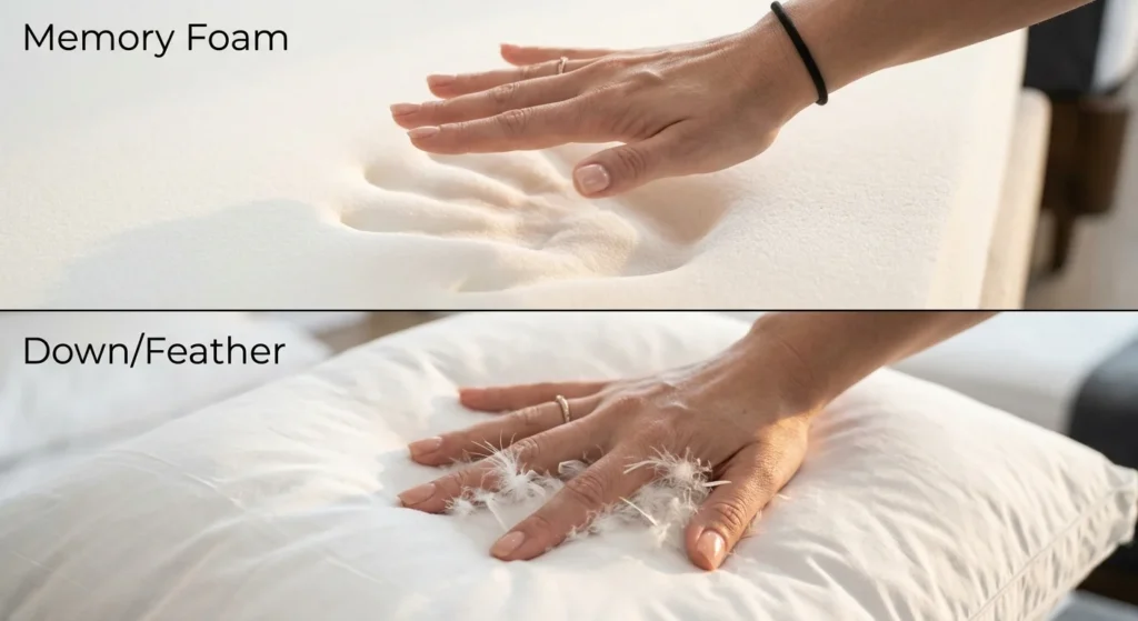 Close-up comparison of different pillow materials including memory foam and down feathers.