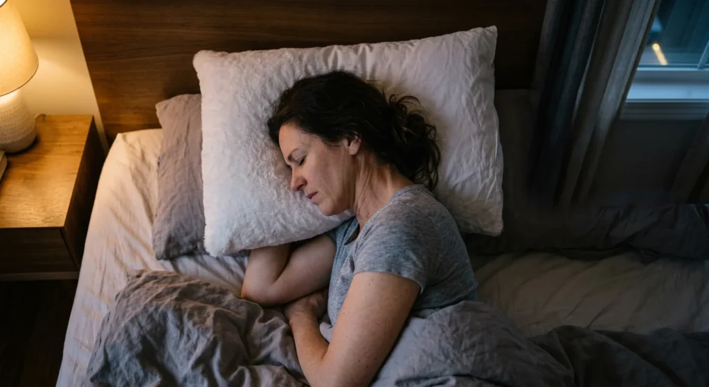 Side sleeper with a pillow that is too high, causing poor neck alignment.