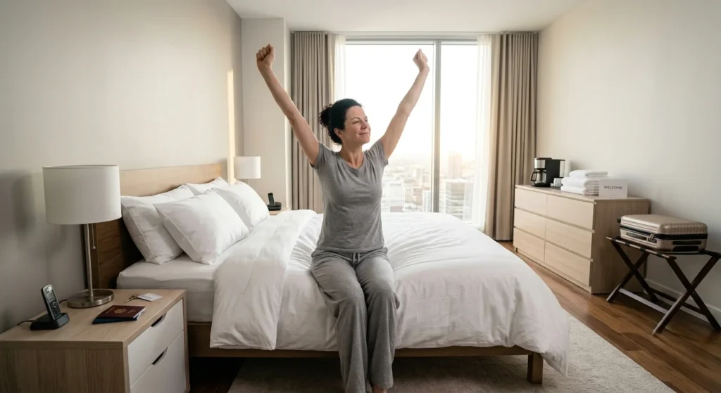 Happy traveler waking up refreshed and well-rested in a hotel bed.