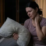 Man holding an old pillow and rubbing his neck in pain on his bed.