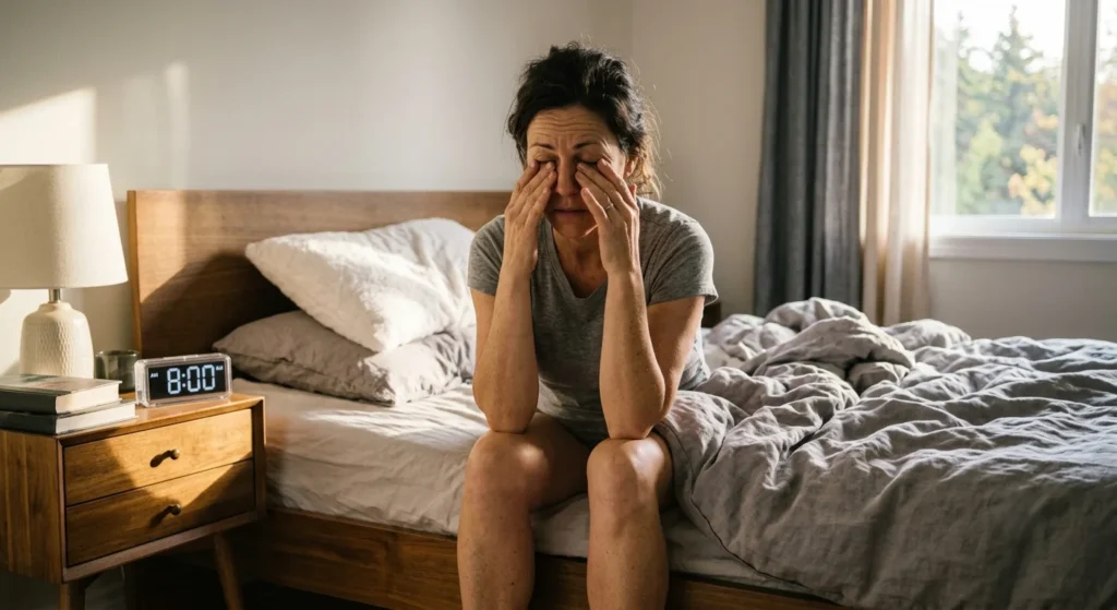 Exhausted woman waking up tired after sleeping for eight hours.