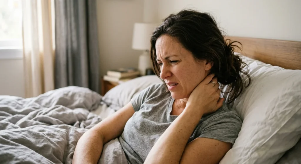 Women waking up in bed and rubbing his sore neck in the morning. Signs your pillow is affecting your health