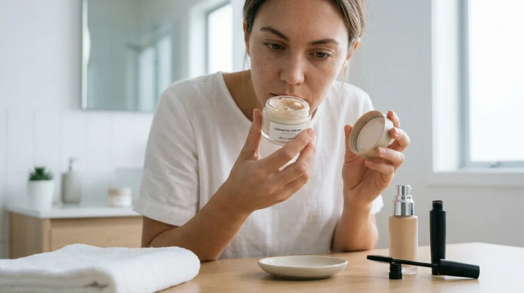 Person inspecting a cosmetic product before using it