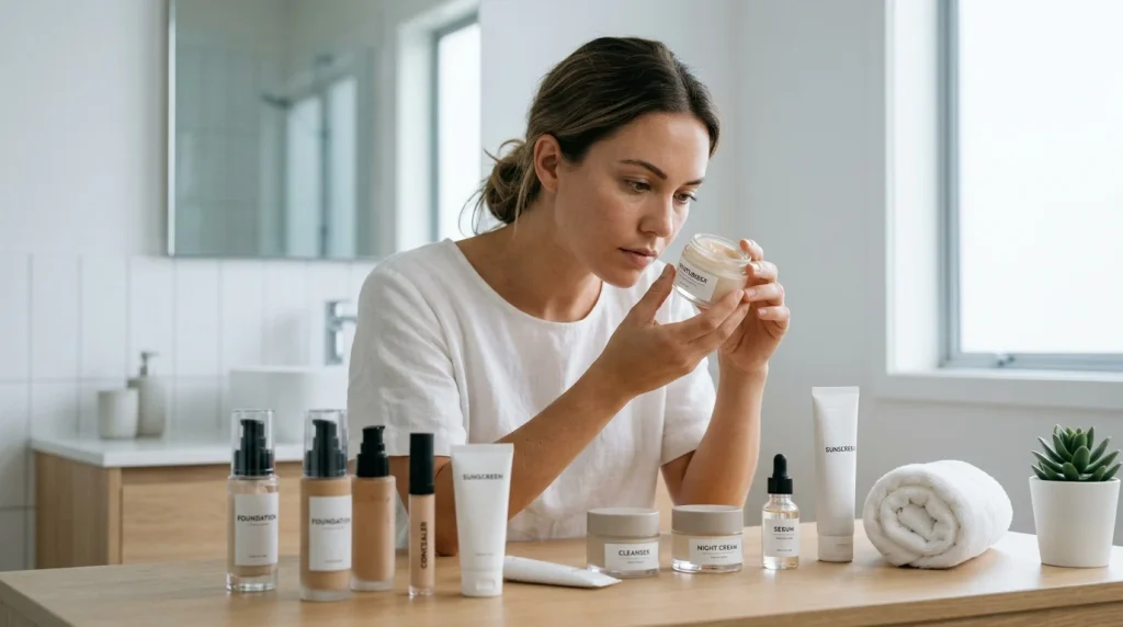 Person checking makeup products before choosing one