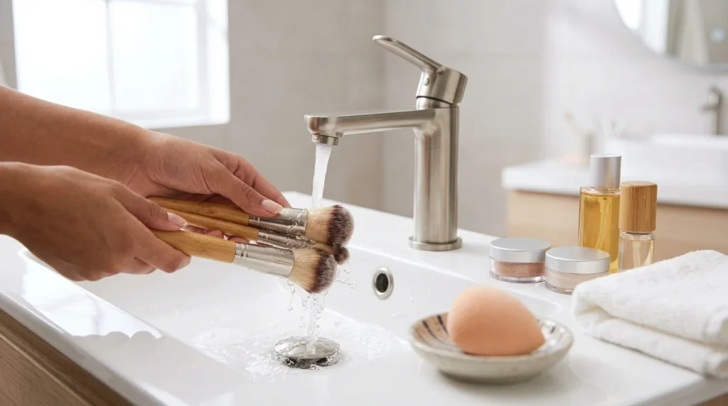 Makeup brushes being cleaned under running water