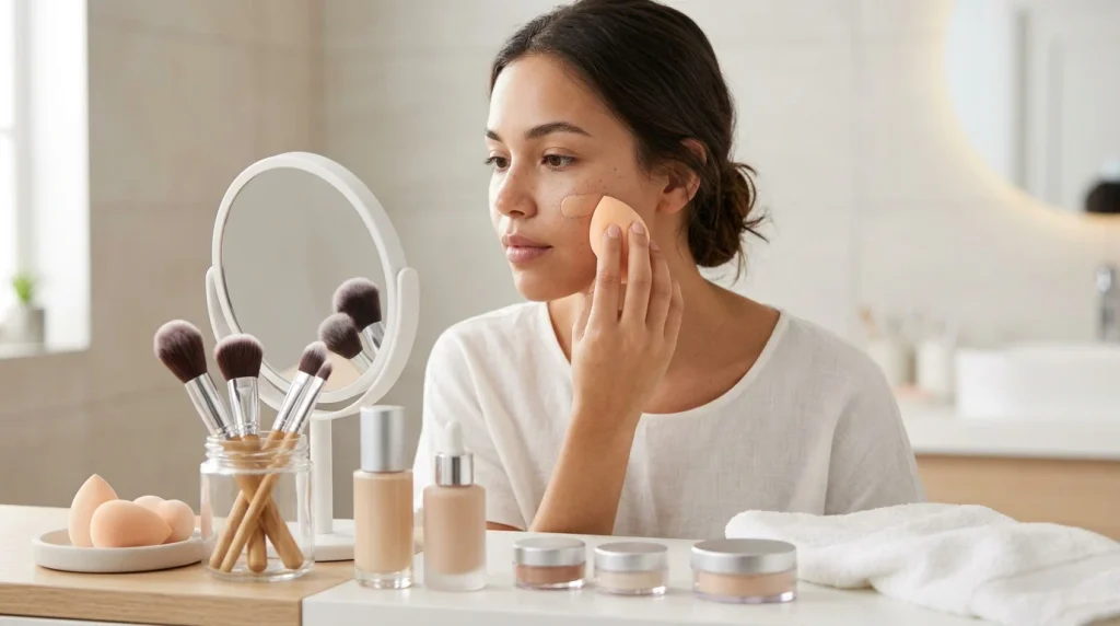 Person applying makeup with clean tools and gentle technique