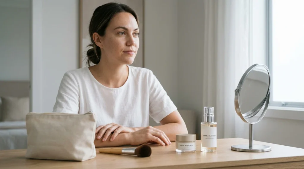 Person with natural-looking skin after a simple makeup routine