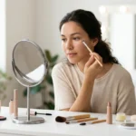 Woman applying makeup while how makeup affects your face and skin caring for her facial skin how makeup affects your face and skin