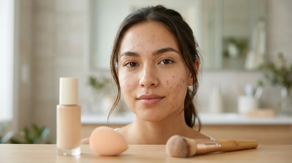 Person wearing makeup on acne-prone facial skin